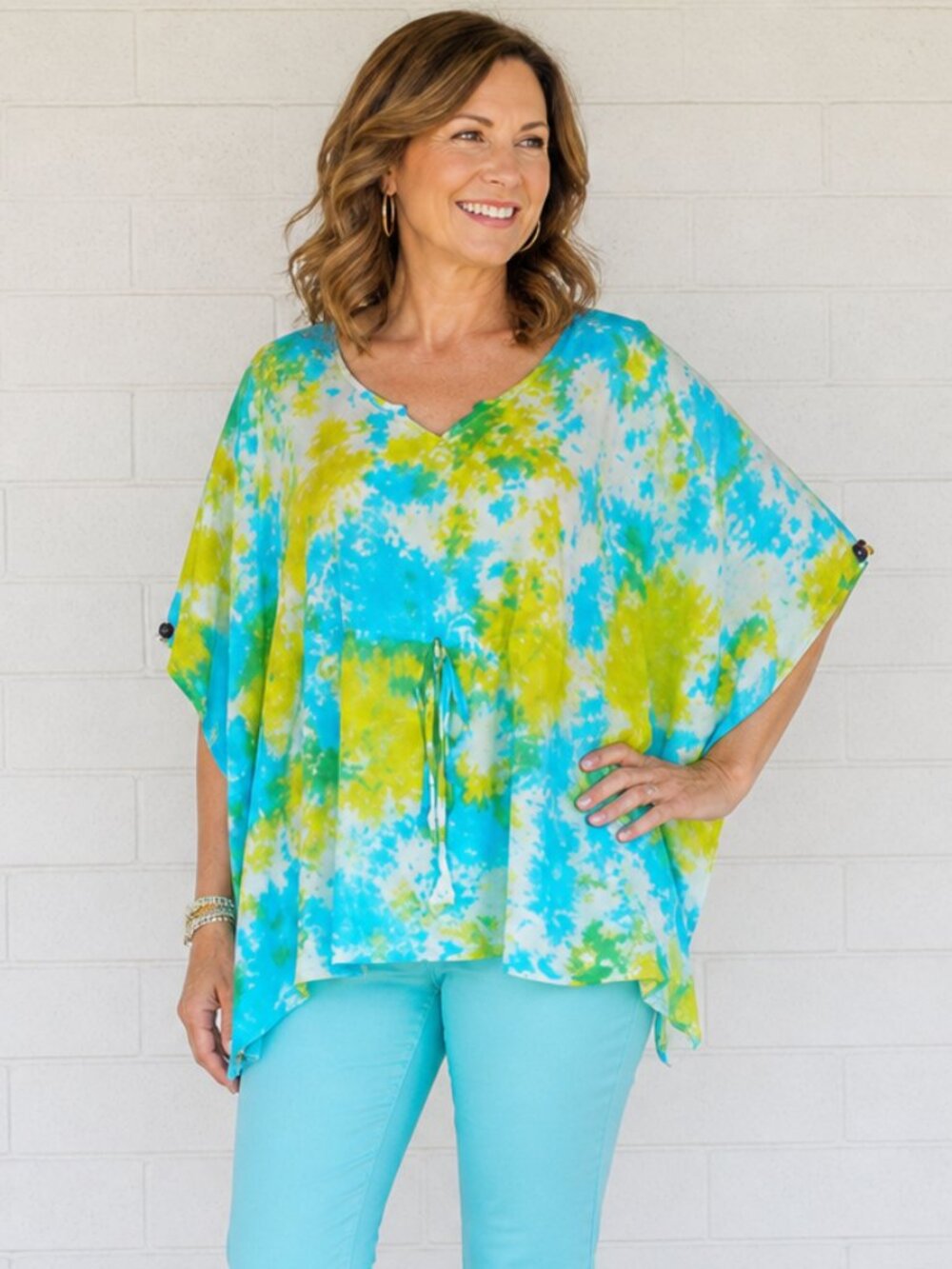 New Sacred Threads One Size Aqua Tie-Dye Pullover Rayon Kaftan Poncho Top